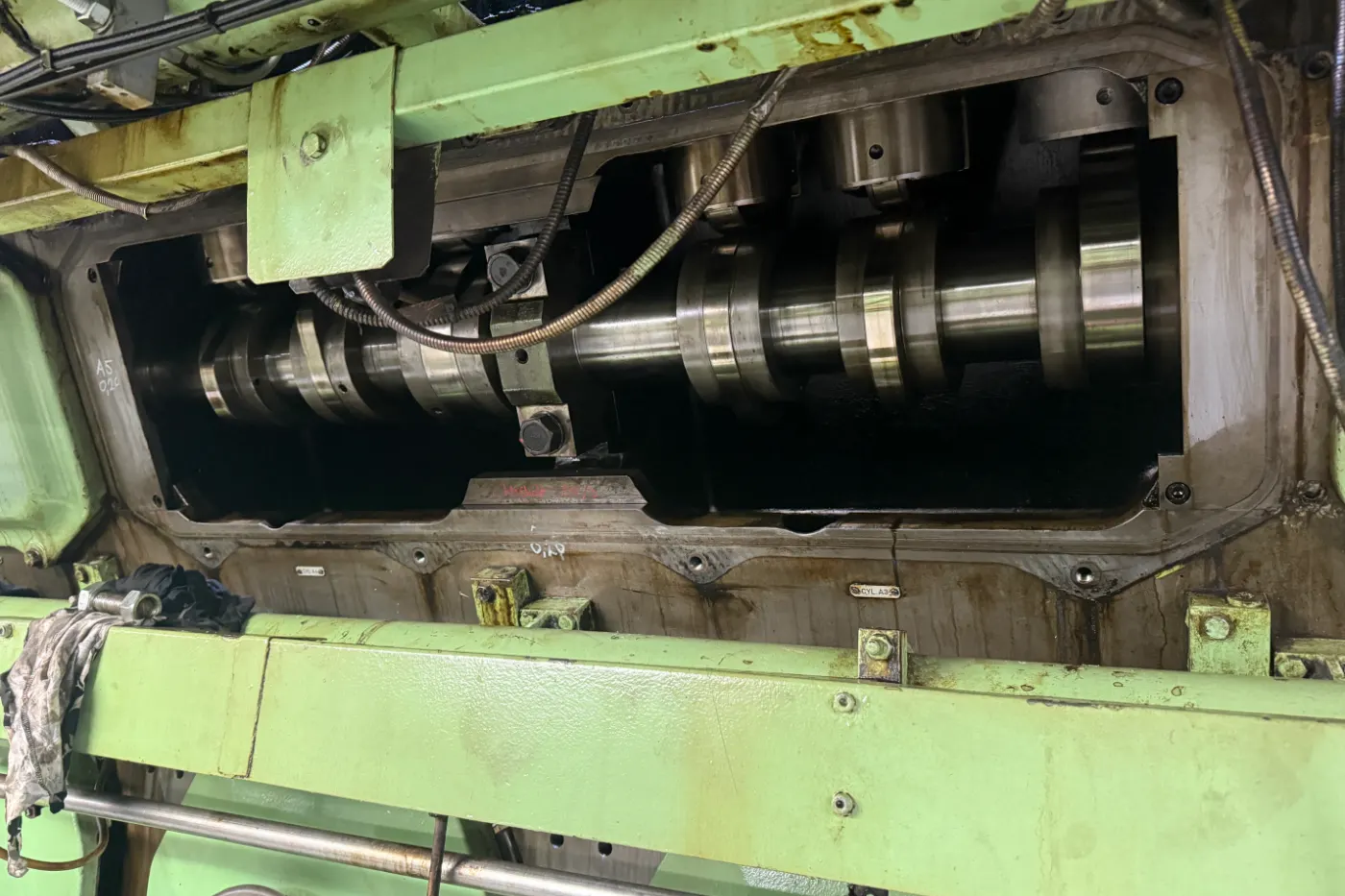 Inspection of crankshaft and bearings inside a marine engine crankcase