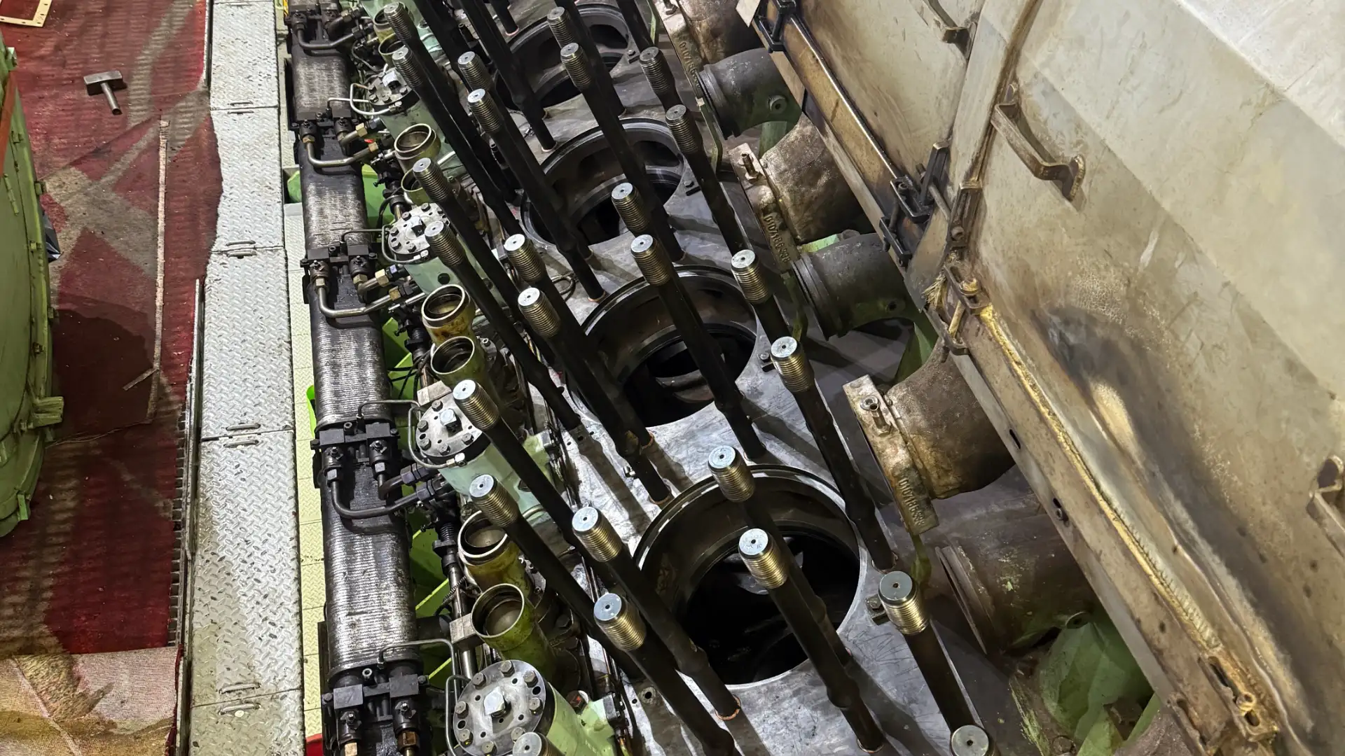 Marine engine being reassembled and prepared for trial running