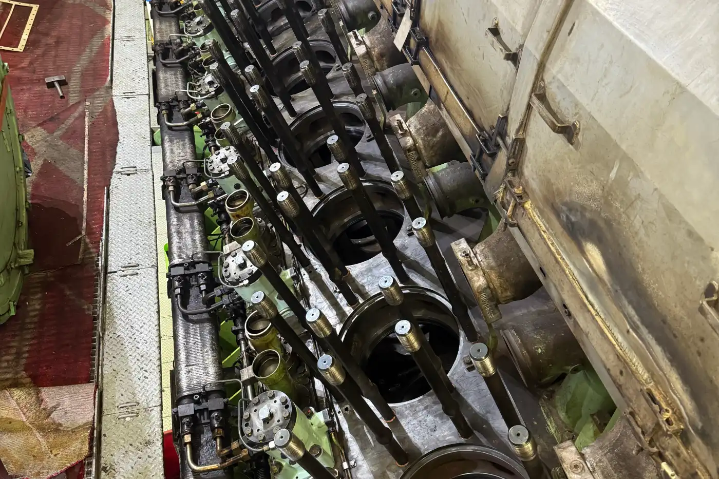 Marine engine reassembled after overhaul, ready for load testing