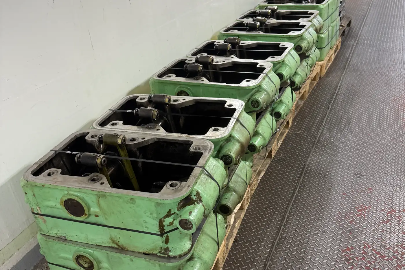 Cylinder heads of a marine main engine opened for overhaul